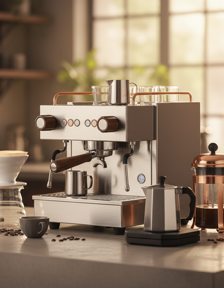 Gera me uma imagem elegante de diversos tipos de equipamento para se produzir o café